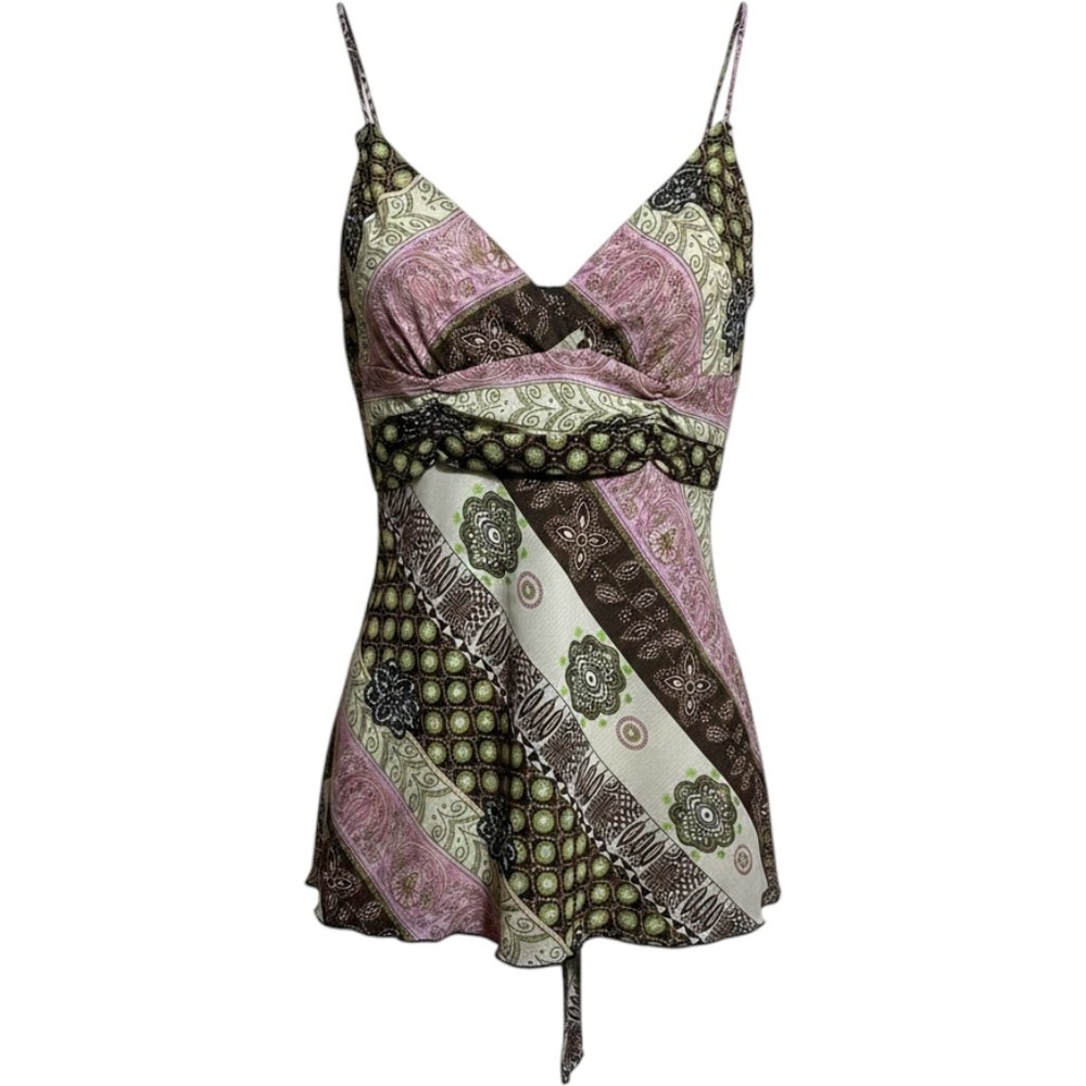 Y2K Paisley Fairy Baby Doll Medium Geometric Print Cami Top Pink Brown Green Top